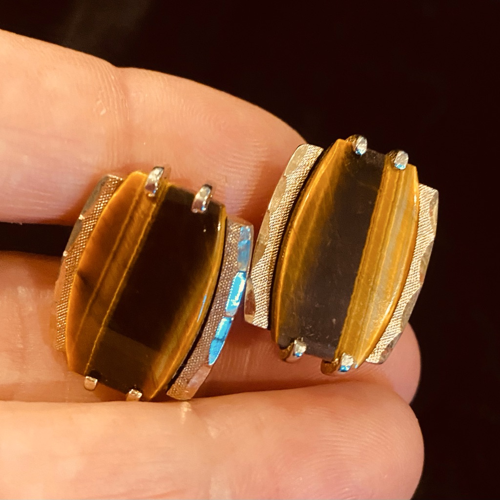 Vintage Genuine Tiger Eye Gemstone Cuff Links 34 Faceted Setting Gorgeous